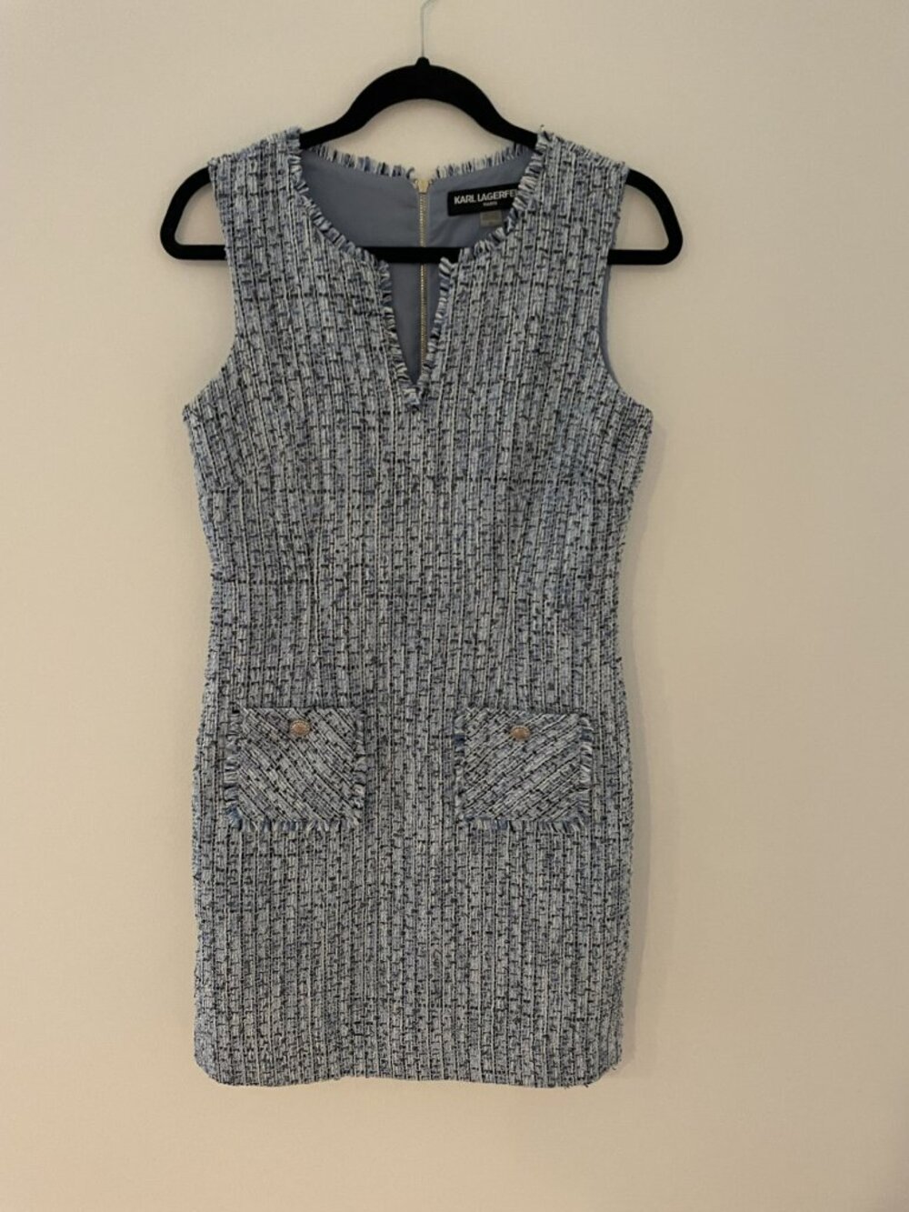 Karl Lagerfeld Paris size 6 tweed, sleeveless dress, knee length, blue/silver/bl